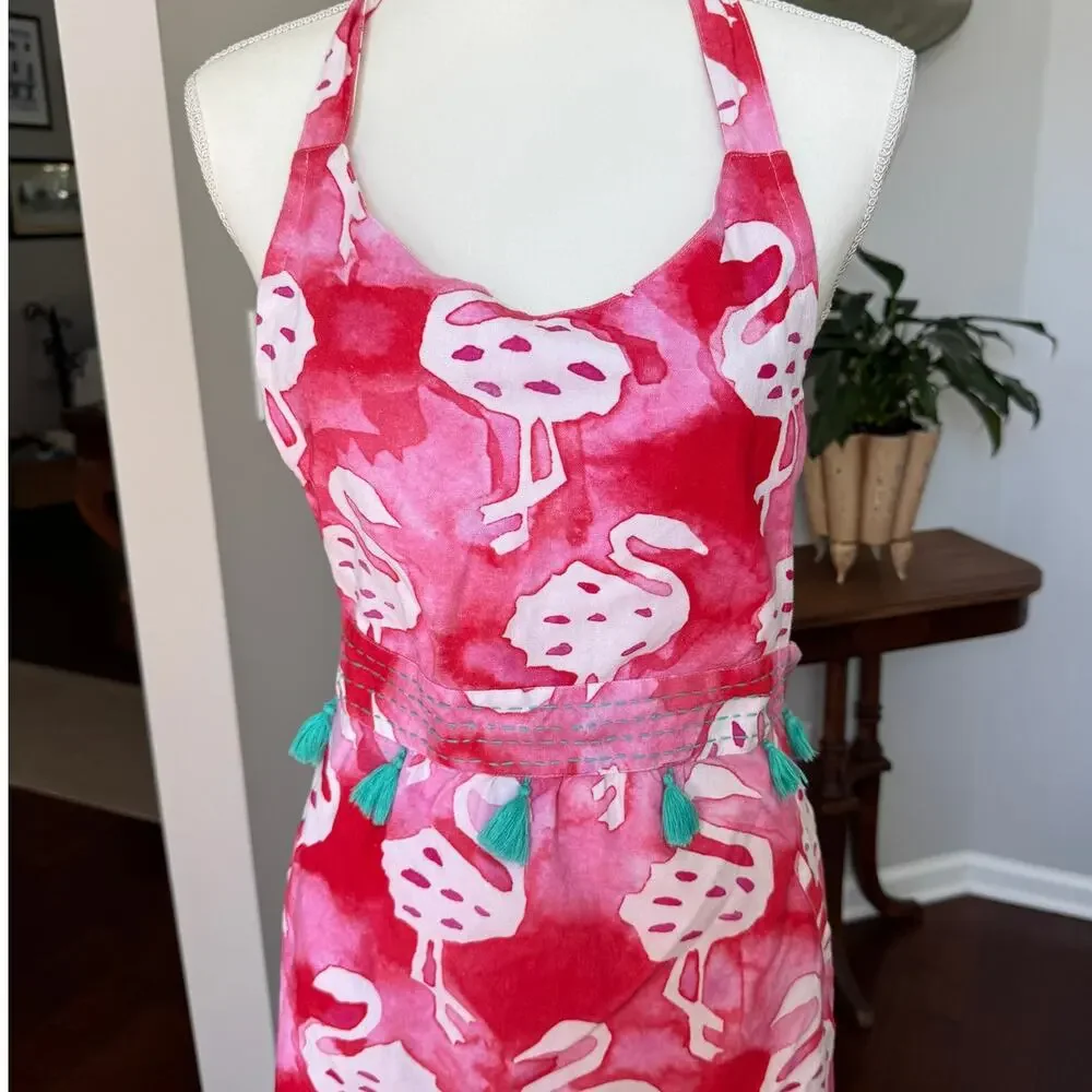 ANTHROPOLOGIE Apron Pink Flamingo Print 100% Cotton Tassels - Picture 5 of 11